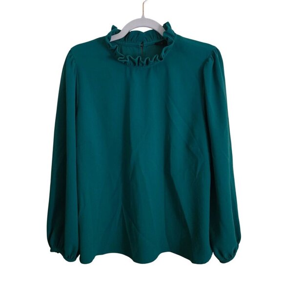 J.Crew High Ruffled Neck Balloon Sleeve Emerald Green Blouse Plussize Size XXL - Picture 2 of 10